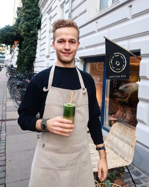 Malthe and his fave Matcha Mocktail!  at Matcha Bar - Helgolandsgade in Copenhagen