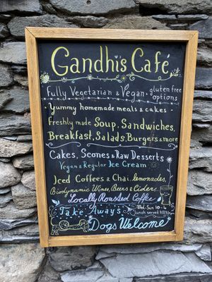 Outside menu board  at Gandhi's Cafe in Ambleside