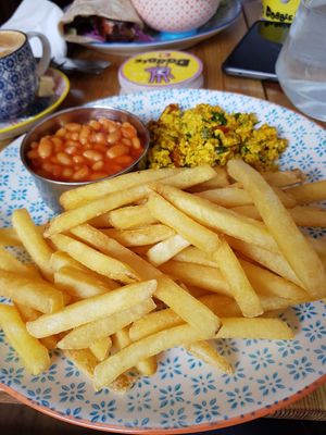 Bean, tofu and chips at Gandhi's Cafe in Ambleside