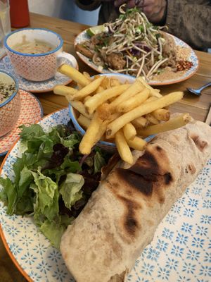Falafel kebab with fries and pad thai jay at Gandhi's Cafe in Ambleside