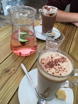 Hot choc, masala chai and flavoured water (free) - all vegan!  at Gandhi's Cafe in Ambleside