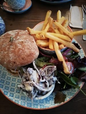 Delicious hemp burger at Gandhi's Cafe in Ambleside