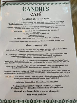 Menu  at Gandhi's Cafe in Ambleside