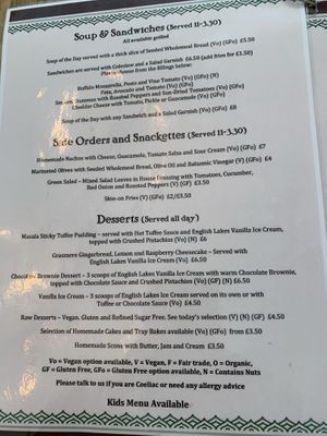 Menu at Gandhi's Cafe in Ambleside