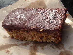 Vegan chocolate and cherry flapjack (takeaway)  at Gandhi's Cafe in Ambleside