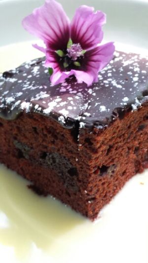 Vegan chocolate cake and custard at Tree-Top Cafe in Looe