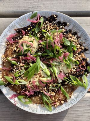 okonomijaki / jamo pancake, sprouts, cilantro mayo, pickled onion, peanuts  at Dvanast Dusi in Bratislava