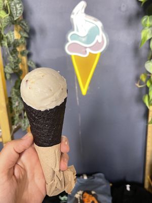 Sundae cone on a coconut ash cone   at The Greenery Creamery  in Orlando