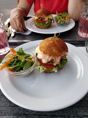 Pulled oyster mushroom burger. Really delicious stuff, at Roots Fresh Food Bistro in Prague