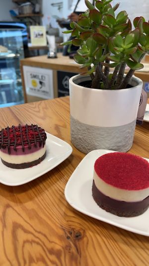 Trisome (berry) on the left, red velvet on the rightt  at Rawsome Treats in New York City