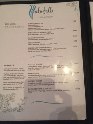 Menu at Waterfalls Cafe in Mount Field
