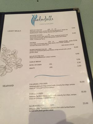 Menu at Waterfalls Cafe in Mount Field