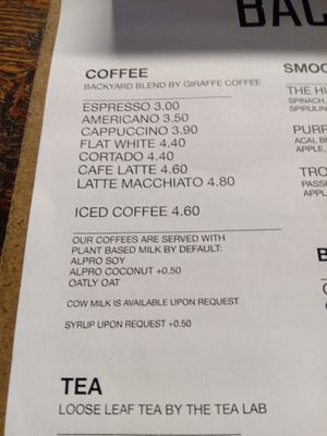Coffee menu at BACKYARD in Rotterdam