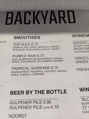 Smoothie menu at BACKYARD in Rotterdam
