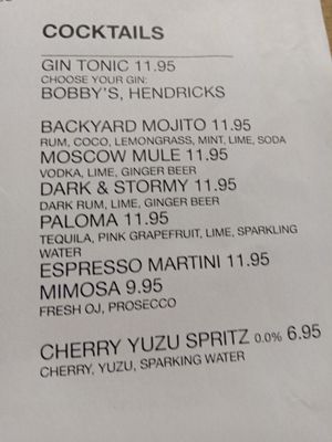 Cocktail menu at BACKYARD in Rotterdam