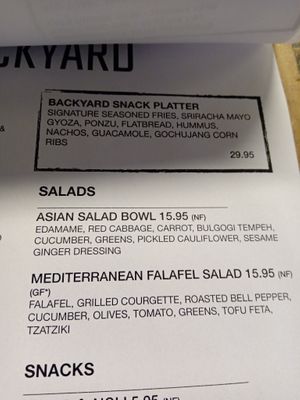 Salad and snack platter menu at BACKYARD in Rotterdam