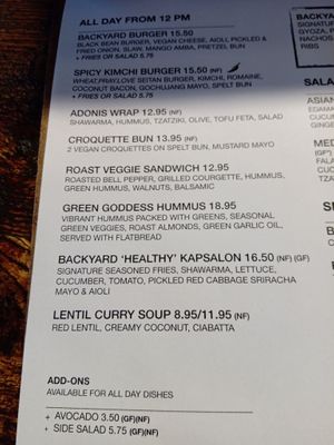 Lunch menu at BACKYARD in Rotterdam