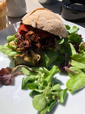 Pulled oyster mushroom burger  at BACKYARD in Rotterdam