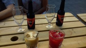 Local beer, iced coffee with soy milk and hazlenut flavour, homemade watermelon lemonade. at BACKYARD in Rotterdam