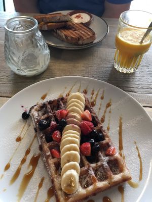 Toastie cheese, oj, and waffles with fresh fruit  at BACKYARD in Rotterdam
