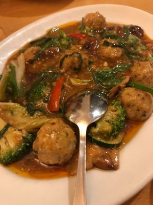 Home made meatballs from soy with Pak Choi, zucchini and broccoli  at Lao Wai in Stockholm