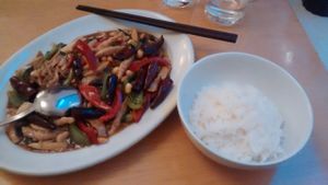 Sichuan dish with soy “chicken”, dried chilies, sweet peppers, garlic, baby corn, and roasted peanuts in a spicy sweet-salty sauce at Lao Wai in Stockholm