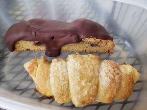 Hazelnut chocolate-filled cornetti/croissant and chocolate-covered biscotti to go at The Vegitaliano in Vaughan