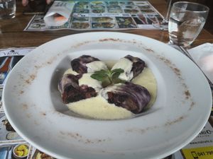 Vegan desert with bluberies and vanila cream. at Gostilna Pezdirc in Semic