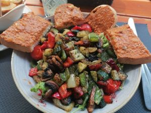 The veggie salad (ask for vegan dressing) at Bunker in Murska Sobota