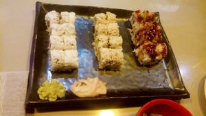 L to R - V.L.T, Avacado ingiri, and Shitake to me at Blue Sushi Sake Grill in Lexington