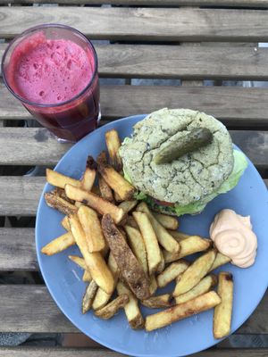 Veggie burger and red juice  at Veji  in Copenhagen
