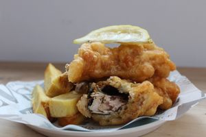 Banana Blossom, Double Beer Battered Fish and twice cooked Chunky Chips. Our Posh Nosh Special on City Grab and Meal base.  at Sunshine Deli in Sheffield