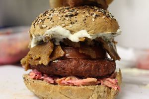 The Tandoori Burger with our own in house Vegan Tandoori Kebab Meat! Order via CITY GRAB or Meal base at Sunshine Deli in Sheffield