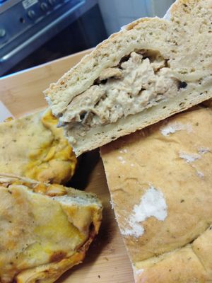 Over housemade Moch Chicken & Mushroom Pie with Cheezy Pepper Sauce! Nom Nom at Sunshine Deli in Sheffield