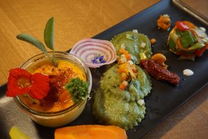 Kürbisflan mit hausgemachten Schlutzkrapfen at Naturlandhaus Krone in Maierhoefen