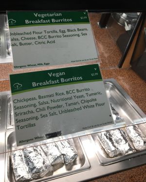 Labeled vegan hot bar items. at Bluff Country Co-op in Winona