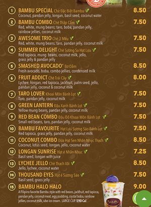 Chè portion of the menu  at Bambu Desserts & Drinks in Sunnyvale