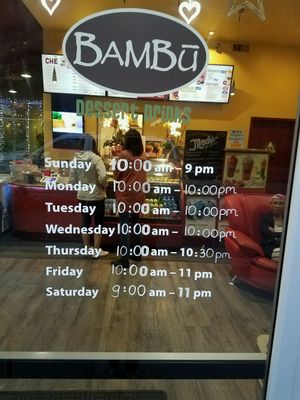 Hours for the Sunnyvale location at Bambu Desserts & Drinks in Sunnyvale