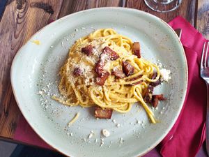 Vegan Carbonara at Vegan Food Tours Rome in Rome