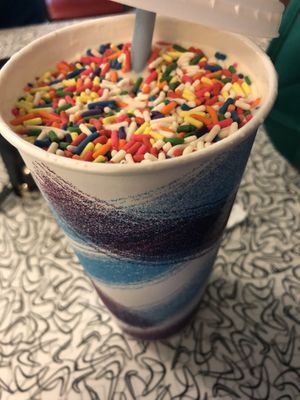 Vanilla Tofutti milkshake (made with soy milk) and rainbow jimmies on top at Browns Cow in Phoenixville