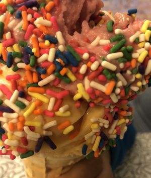 Raspberry sorbet & Mango Apricot sorbet on a cake cone w/rainbow jimmies at Browns Cow in Phoenixville