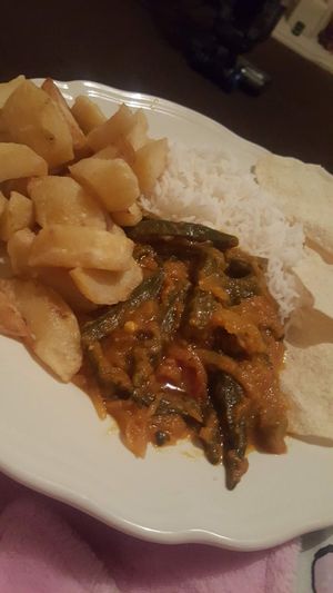 Karahi Bhindi, steamed rice and chips at Zeera in South Shields