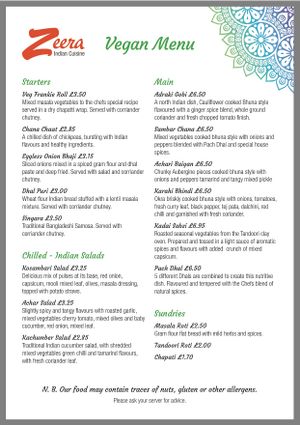 Vegan menu online  at Zeera in South Shields