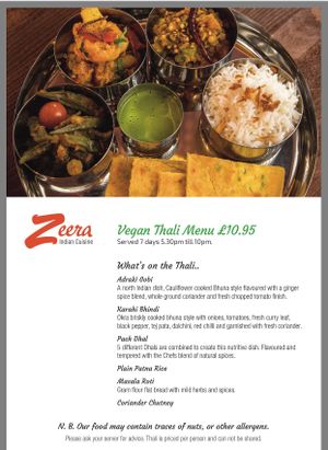 Vegan Thali Menu online  at Zeera in South Shields