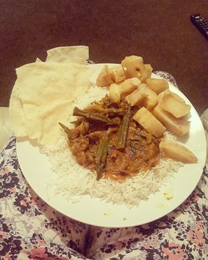 Karahi Bhindi, boiled rice, chips and popadom at Zeera in South Shields