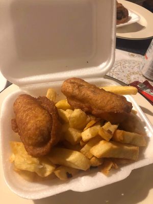 Vegan battered sausage supper at Linda's Fish & Chips in Cullen