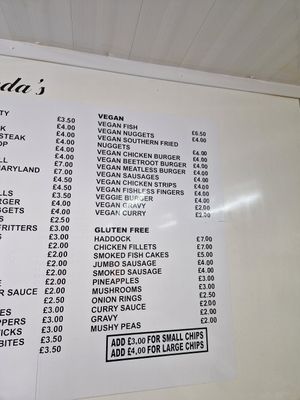 Extensive vegan menu at Linda's Fish & Chips in Cullen