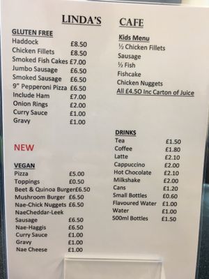 Menu with vegan choices at Linda's Fish & Chips in Cullen