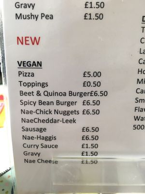 Vegan menu 2019 at Linda's Fish & Chips in Cullen