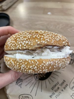 Sesame with vegan shmear  at Blazing Bagels in Seattle